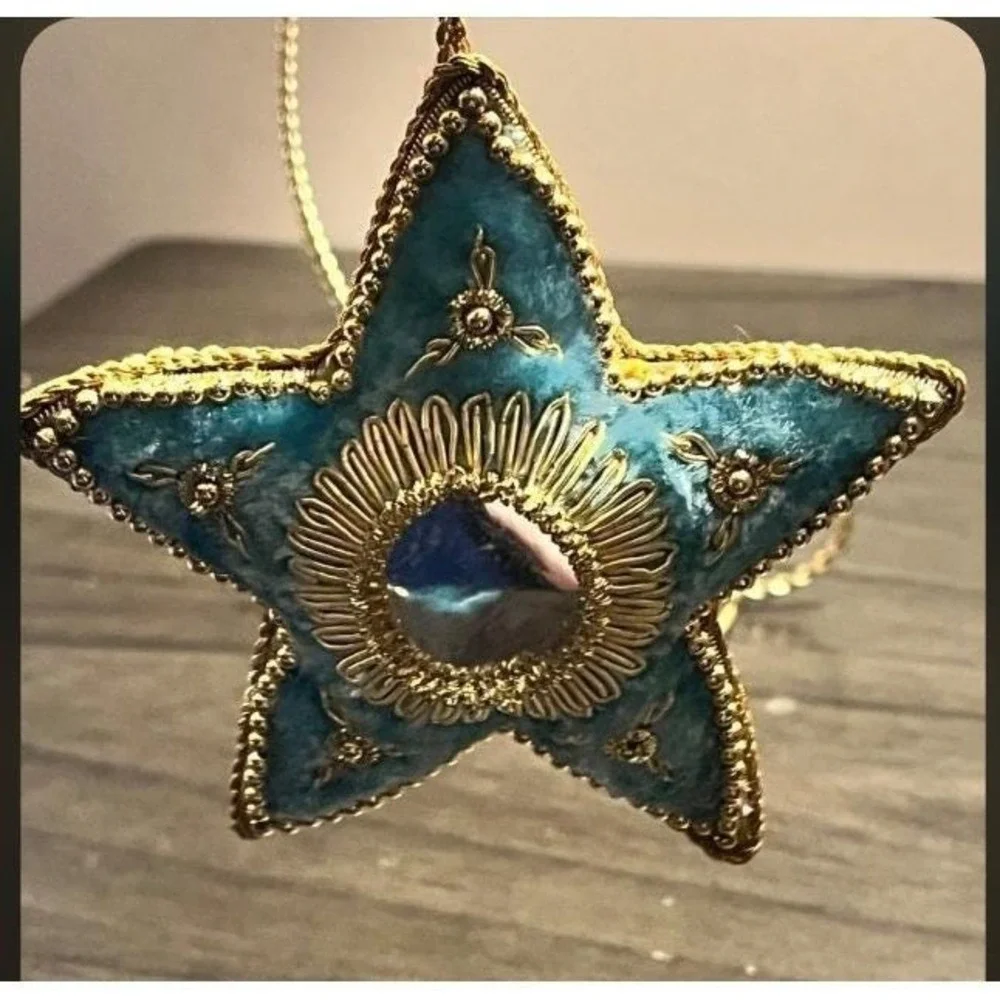 Vintage Handmade Blue Velvet Star Christmas Ornament Gold Trim Mirror Center 4